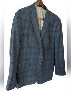 Johnston & Murphy Navy Blue Plaid Sport Coat Wool